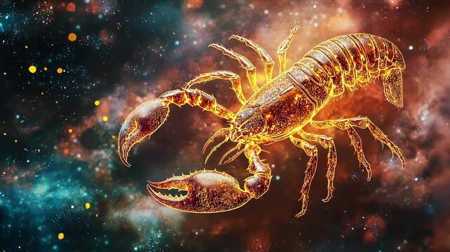 Glowing zodiac scorpio in cosmic galaxy with fiery aura and stars on vibrant mystical astrology background
