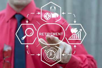 Retirement Pension Plan Savings Consulting Concept. Business person using virtual touch screen presses the inscription: RETIREMENT.