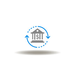 Vector illustration of bank building with round arrows and dollar currency. Symbol of money transfer.