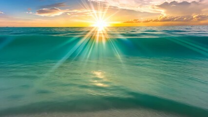Ocean Sunset Radiance: A breathtaking view of the ocean at sunset, showcasing vibrant turquoise waters, a fiery sunset, and radiant sun rays reflecting on the waves.