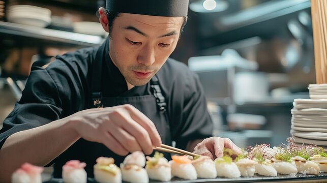 A sushi chef carefully prepares nigiri sushi, placing toppings meticulously in a professional kitchen setting.