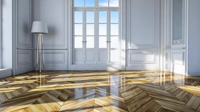 Sunlit Interior: A modern, sunlit interior showcasing the interplay of light and shadow, featuring a classic wooden floor.