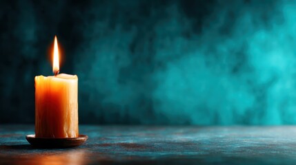 A glowing candle placed on a textured table emits warmth and tranquility, creating a calming atmosphere that evokes feelings of relaxation and introspection in a dark environment.
