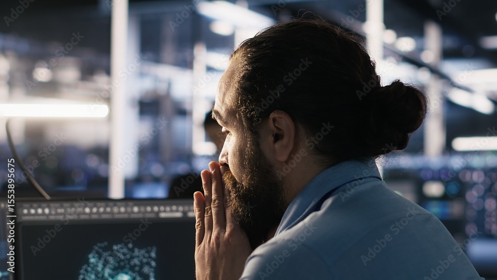 Poster exhausted computer scientist in server room reviewing neural network outputs, suffering from mental 