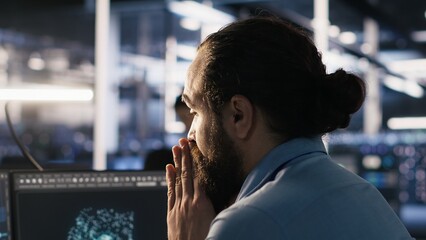 Exhausted computer scientist in server room reviewing neural network outputs, suffering from mental...