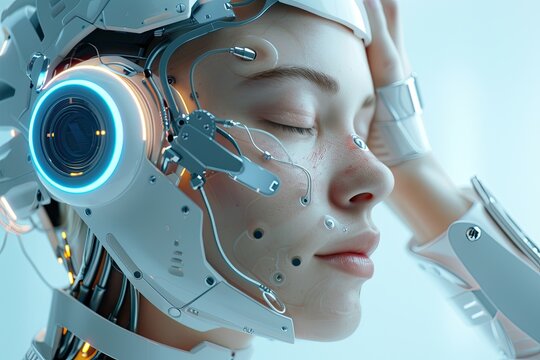 Futuristic woman wearing advanced technological headgear relaxing with eyes closed