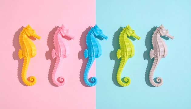 Minimalist rainbow Colourful sea horse Texture Background, light blue, pastel green background - Powered by Adobe