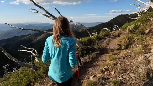 Woman Solo Hiking at Sunset on Razorback Trail at Mount Feathertop Summit in Australian Alps, Victoria, Australia