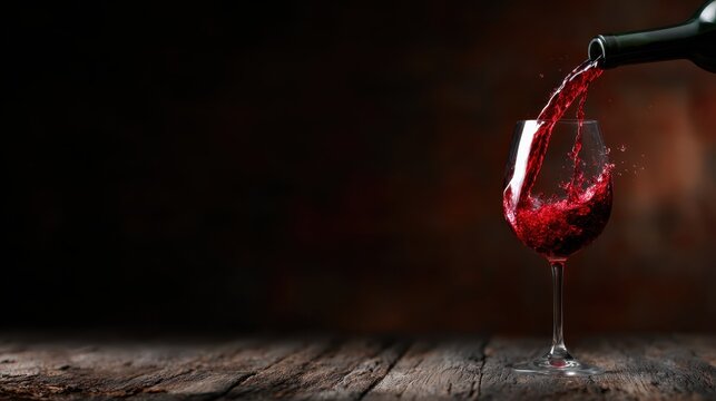 A captivating moment captured as red wine is poured into a crystal glass, highlighting the rich colors and dynamic movement that embodies the essence of leisure and enjoyment.
