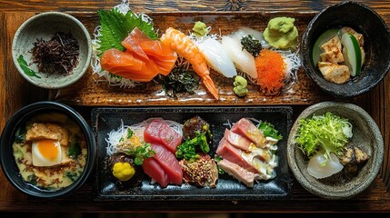 A vibrant sushi platter with sashimi, nigiri, roe, and assorted Japanese dishes beautifully arranged on a wooden table.