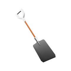 A shiny shovel with a wooden handle, commonly used for digging or moving soil and other materials.