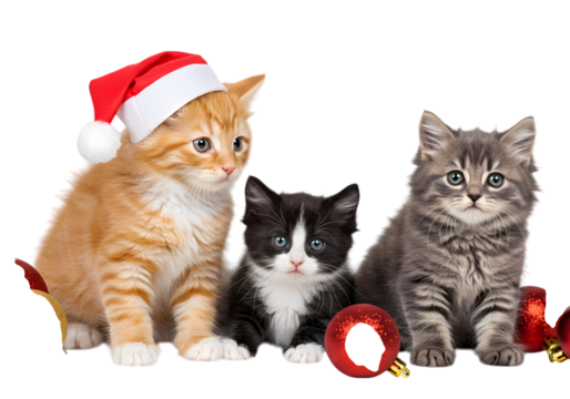 A Festive Trio Kittens and Christmas Cheer isolated on transparent baackground