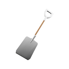 A metal shovel with a wooden handle, commonly used for digging or moving materials such as soil or snow.