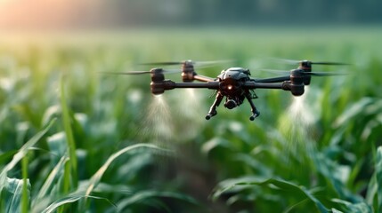 A high-tech drone is actively spraying crops in a lush green field, showcasing innovations in agriculture technology and the intersection of nature with modern methods.
