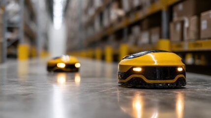 Two sleek, yellow autonomous robots navigate smoothly through a warehouse aisle, showcasing innovation in materials handling and efficiency with modern automated technology.