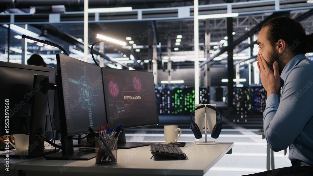 Poster employee requesting help from manager to fix hacked equipment systems. stressed data center admin re