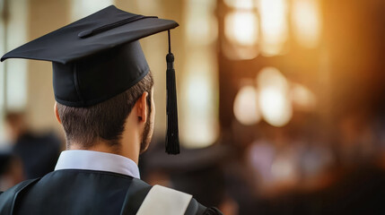 A person in a graduation cap and gown stands with their back to the camera, looking towards a warmly lit, blurred background, symbolizing future prospects after completing their education