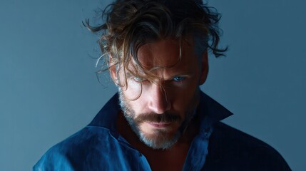 An intense man with striking blue eyes and tousled hair showcases a dramatic presence in a blue shirt, emphasizing emotion and depth through the soft lighting.