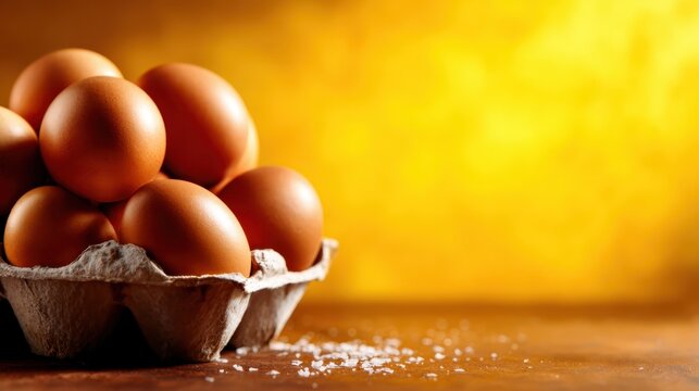 This image presents a collection of fresh brown eggs arranged neatly in a carton, with a warm yellow background that evokes a sense of comfort and homeliness in cooking.
