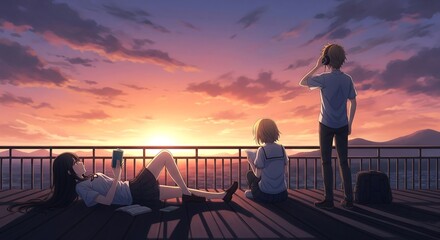 Anime-style scene of three people enjoying a vibrant sunset from an elevated platform. One reads, one listens to music, & one studies, silhouetted against the sky.