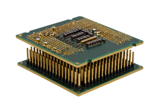 Closeup View of a Vintage Microprocessor Chip isolated on transparent background