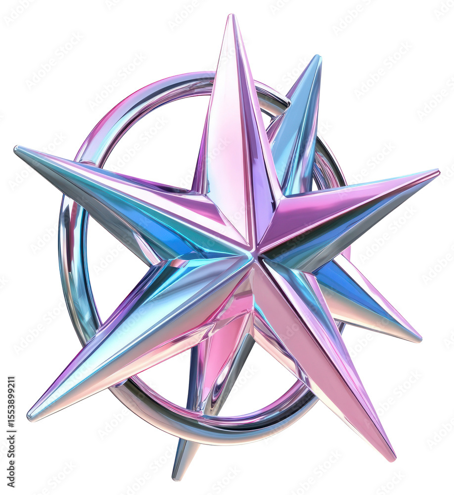 Poster png two overlapping four-pointed starbursts of different sizes within a chrome circular halo illustr