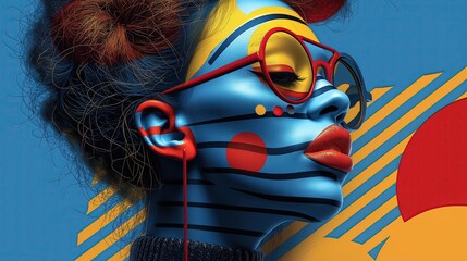 A vibrant, abstract portrait features a person with a blue-striped face and bright red glasses.