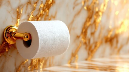An upscale bathroom setting featuring a luxurious golden toilet paper holder against a marble backdrop, symbolizing opulence and refinement in interior design.