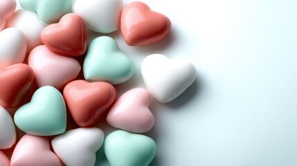 A delightful arrangement of heart-shaped candies in pastel colors offers a whimsical and cheerful view, evoking feelings of joy and love, perfect for celebrations.
