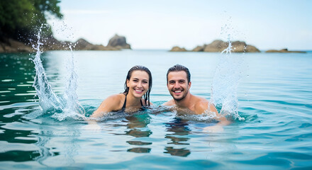 Two people swimming in turquoise water facing the camera