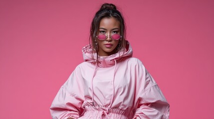 A stylish model exudes confidence in a pink outfit, complete with sunglasses, set against a vibrant pink backdrop that enhances the trendy and playful atmosphere of the image.