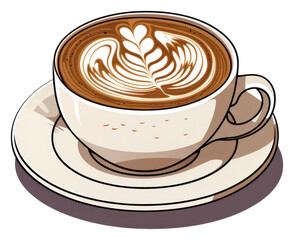 PNG A cartoon-like drawing of a mocha coffee saucer latte.