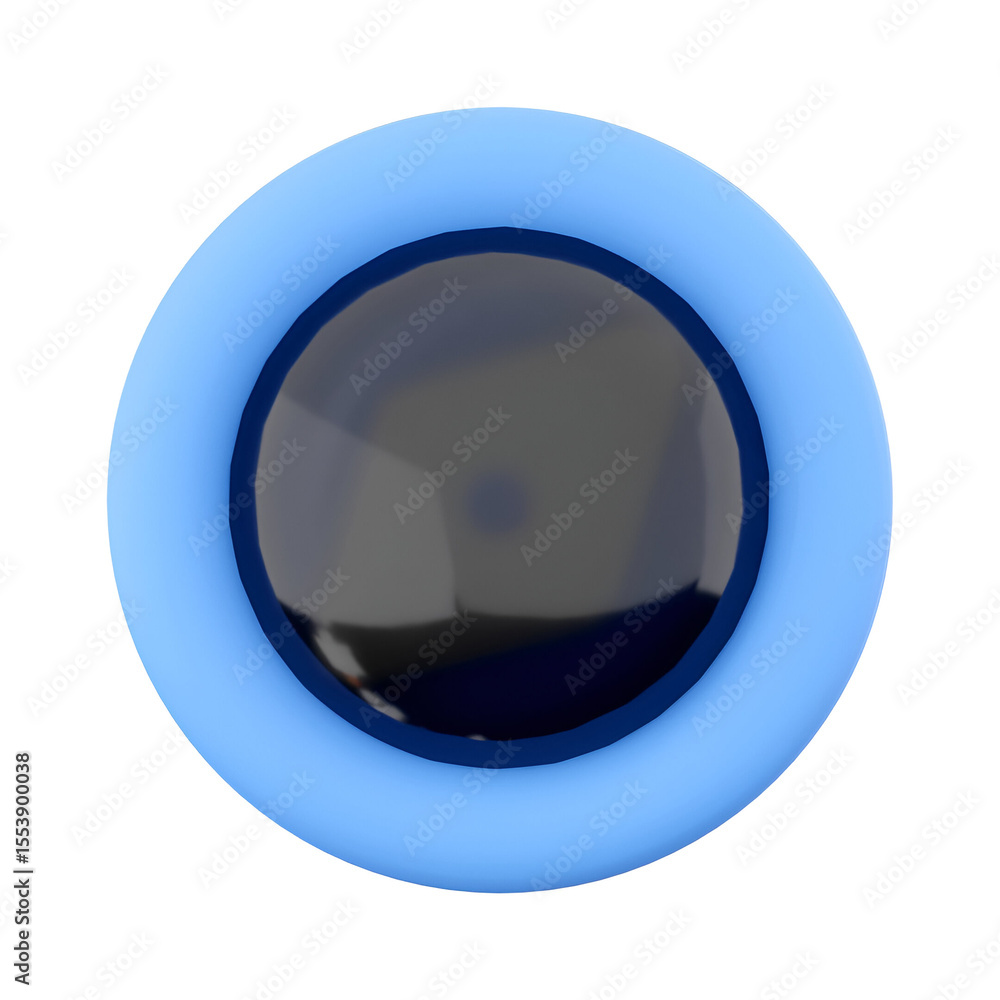 Poster a circular object with a glossy black center surrounded by a glowing blue ring, possibly a button or