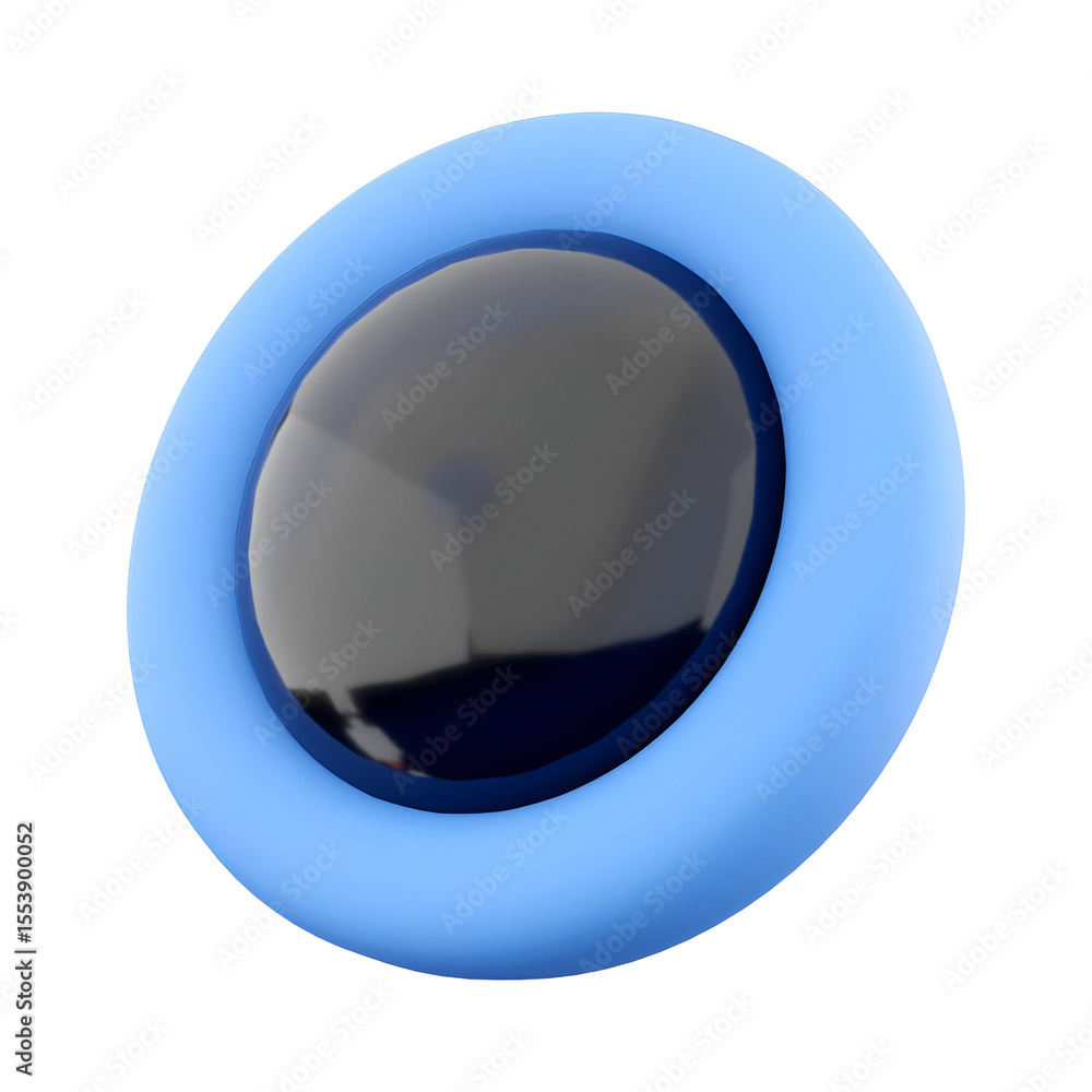 Poster a glossy black button surrounded by a soft blue outline, designed for interactive interfaces or deco