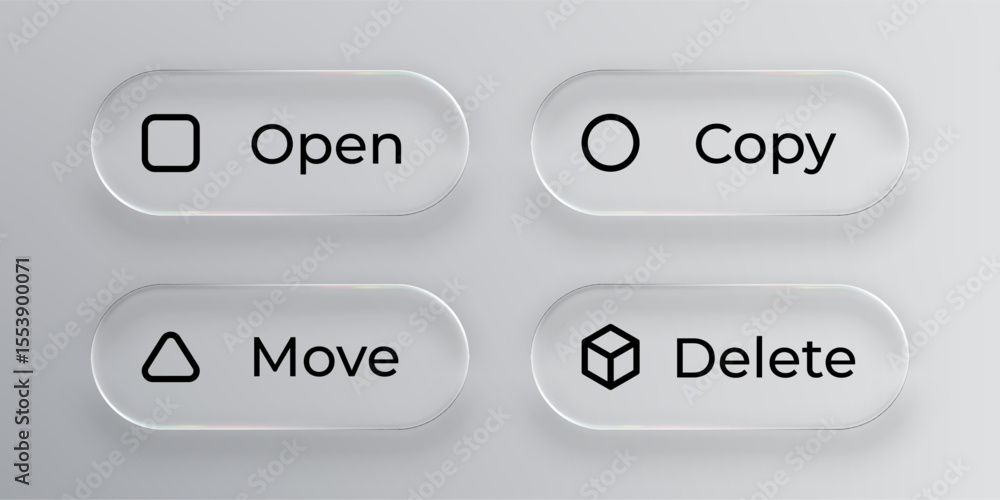 Poster set of liquid glass buttons with icons for opening, copying, moving, and deleting, for modern ui des