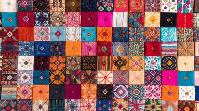 Vibrant mosaic of colorful geometric textile patchwork with intricate patterns