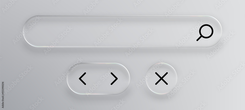 Poster Clear liquid glass search bar with magnifying glass icon and navigation buttons for web design interface elements.