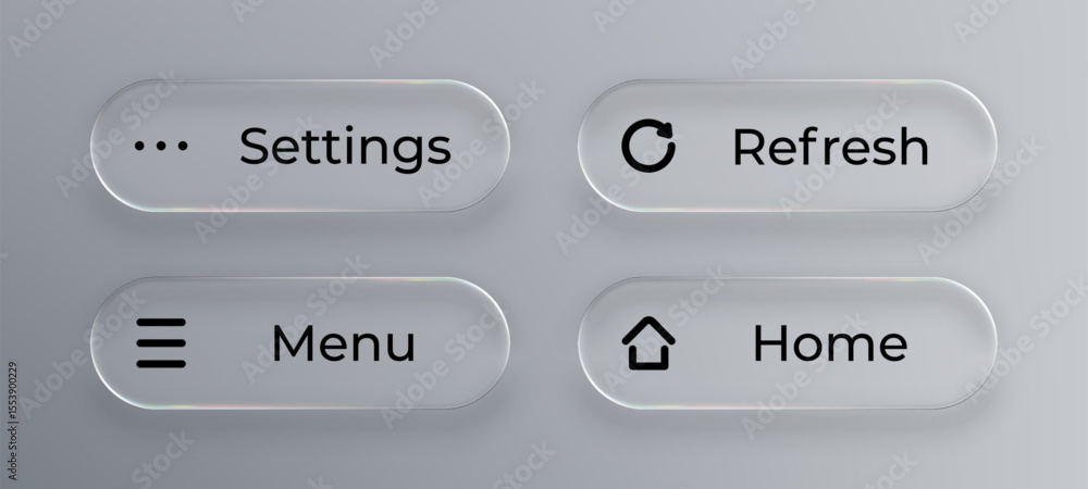 Poster Liquid glass push buttons set for app interface design. Mobile application UI elements concept in dark mode.