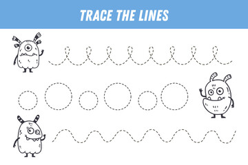 Tracing lines for kids. Cute cartoon monsters. Handwriting practice. Educational game for preschool kids. Activity page. Vector
