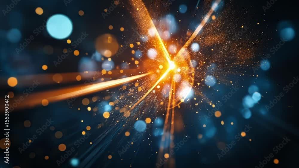 Poster abstract light speed motion background displaying orange and blue particles converging towards the c