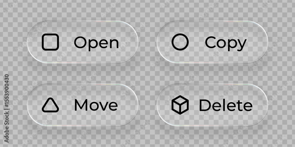Poster Glassmorphism open, copy, move, delete vector icons. Liquid glass design elements. Modern user interface concept.