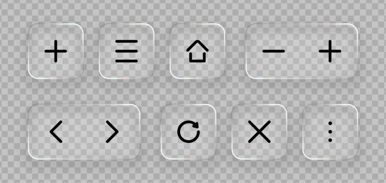 Set of glassmorphism ui design elements with realistic liquid glass effect used for graphic design interface concept.