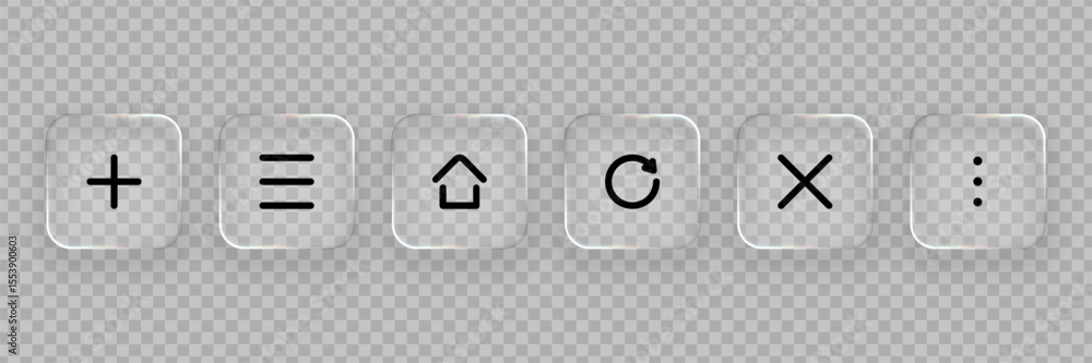 Poster Set of liquid glass vector icons with transparent effect. Neumorphic buttons for web interface design or mobile app development.