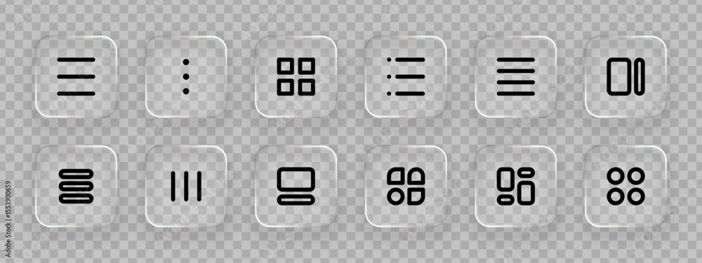 Poster Set of liquid glass user interface icons template. Digital computer web button elements. Mobile app square glassy buttons for technology concept.