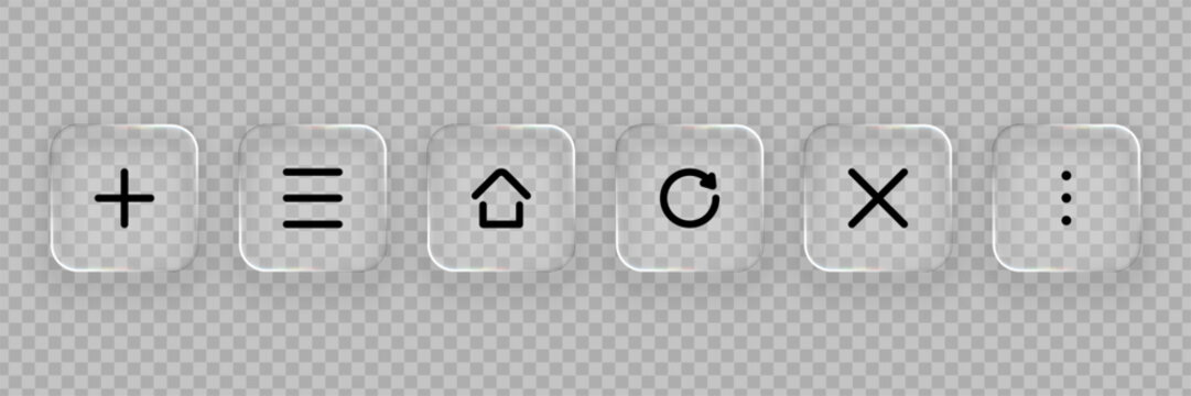 Set of liquid glass vector icons with transparent effect. Neumorphic buttons for web interface design or mobile app development.
