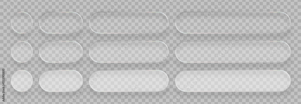 Poster Empty rectangular and circular glass frames. Transparent liquid glass vector display element template for web design or presentation.