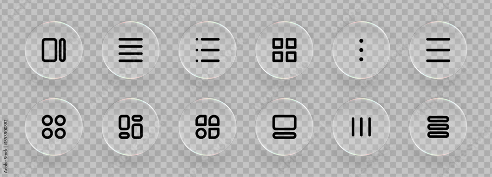 Poster Set of black user interface control icons displayed on liquid glass circles. Modern application and website button design for web development.