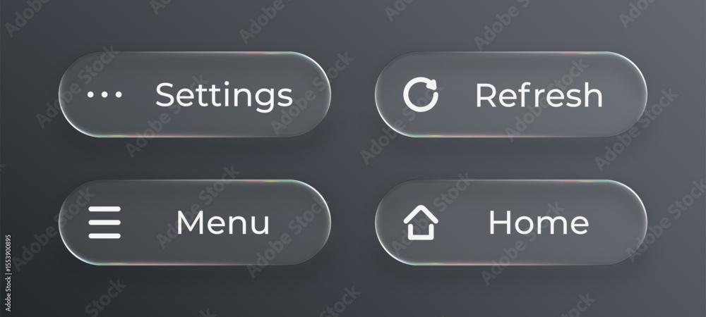 Poster Set of liquid glass user interface buttons for application design. Modern ui element with gradient and clear surface.