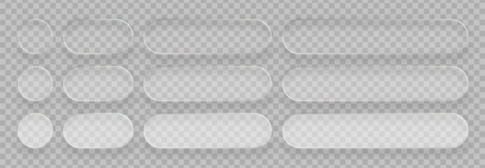 Empty rectangular and circular glass frames. Transparent liquid glass vector display element template for web design or presentation.