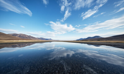 Surreal Landscape with a Perfect Mirror Ground Reflecting the Sky